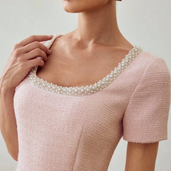 Pink Elegant Women's Tweed Faux Pearl Beaded Square Neck Dress - Picture 6 of 6